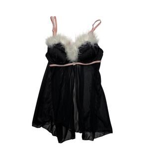 Inner Secrets Y2K Black Mesh Babydoll Nightie White Faux Fur Pink Ribbon M